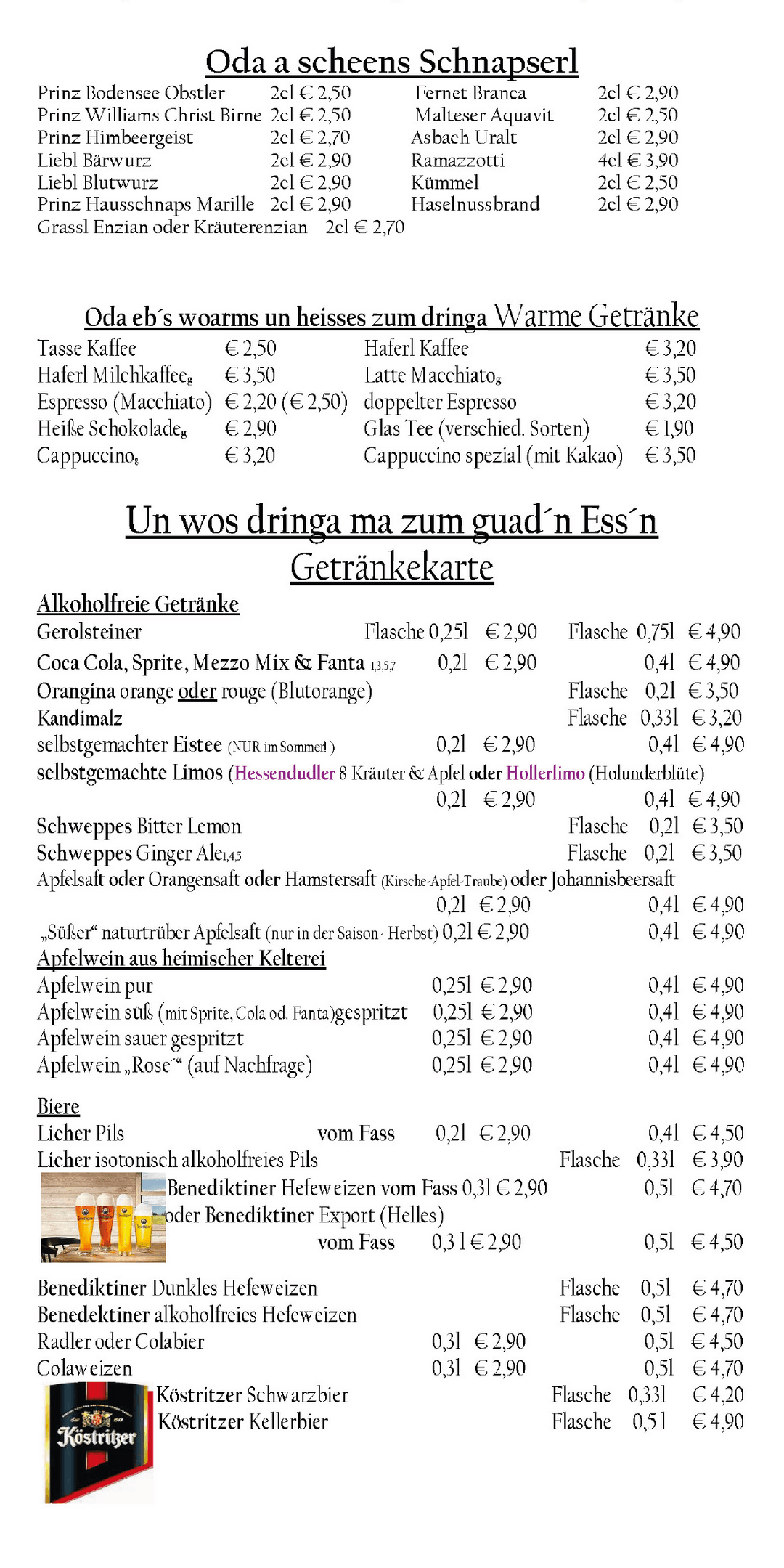 Hier finden Sie unsere Getränkekarte Landhaus Bavaria